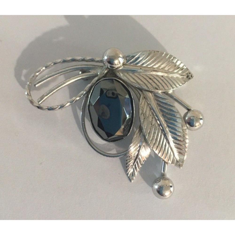 Vintage HEMATITE and LEAVES BROOCH PIN - Signed CARL ART 925 Sterling Silver